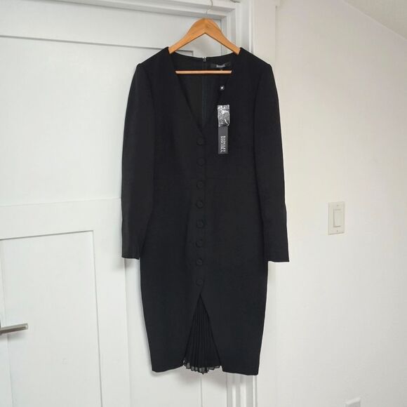 🆕️ Badgley Mischka Tailored Buttoned Long Sleeve Pleated Midi Dress in Black - Picture 4 of 16